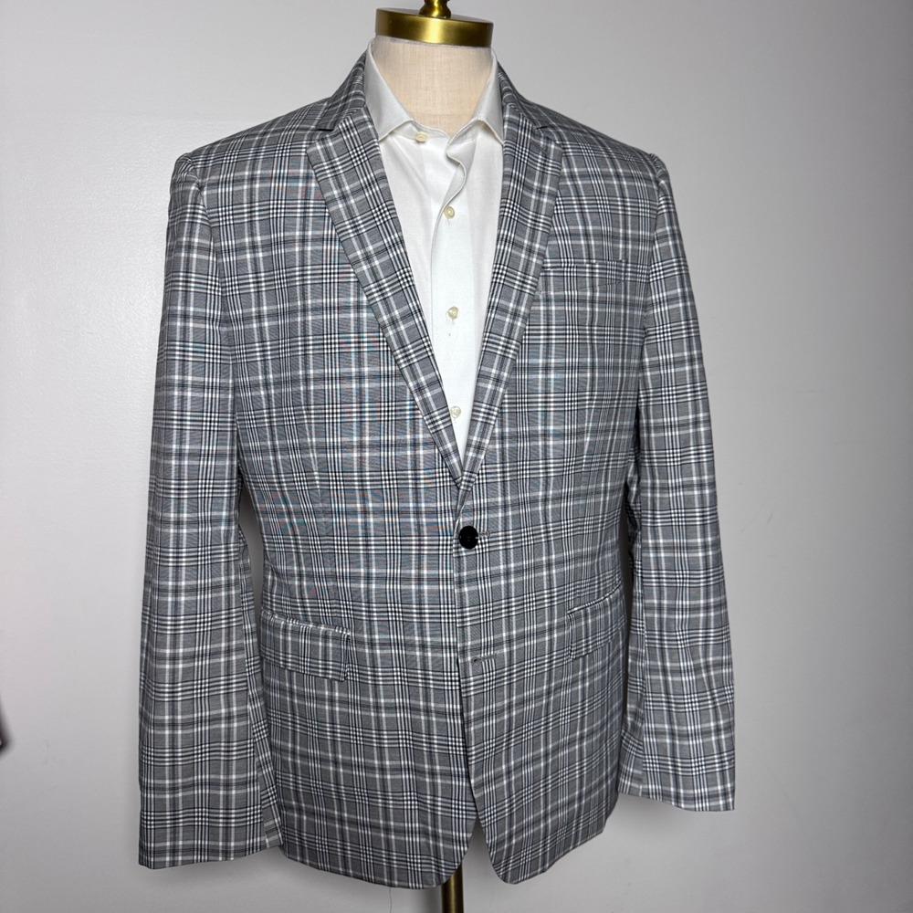 Express Blazer Mens 44R Gray Plaid Photographer Fitted Cotton Two Button Jacket